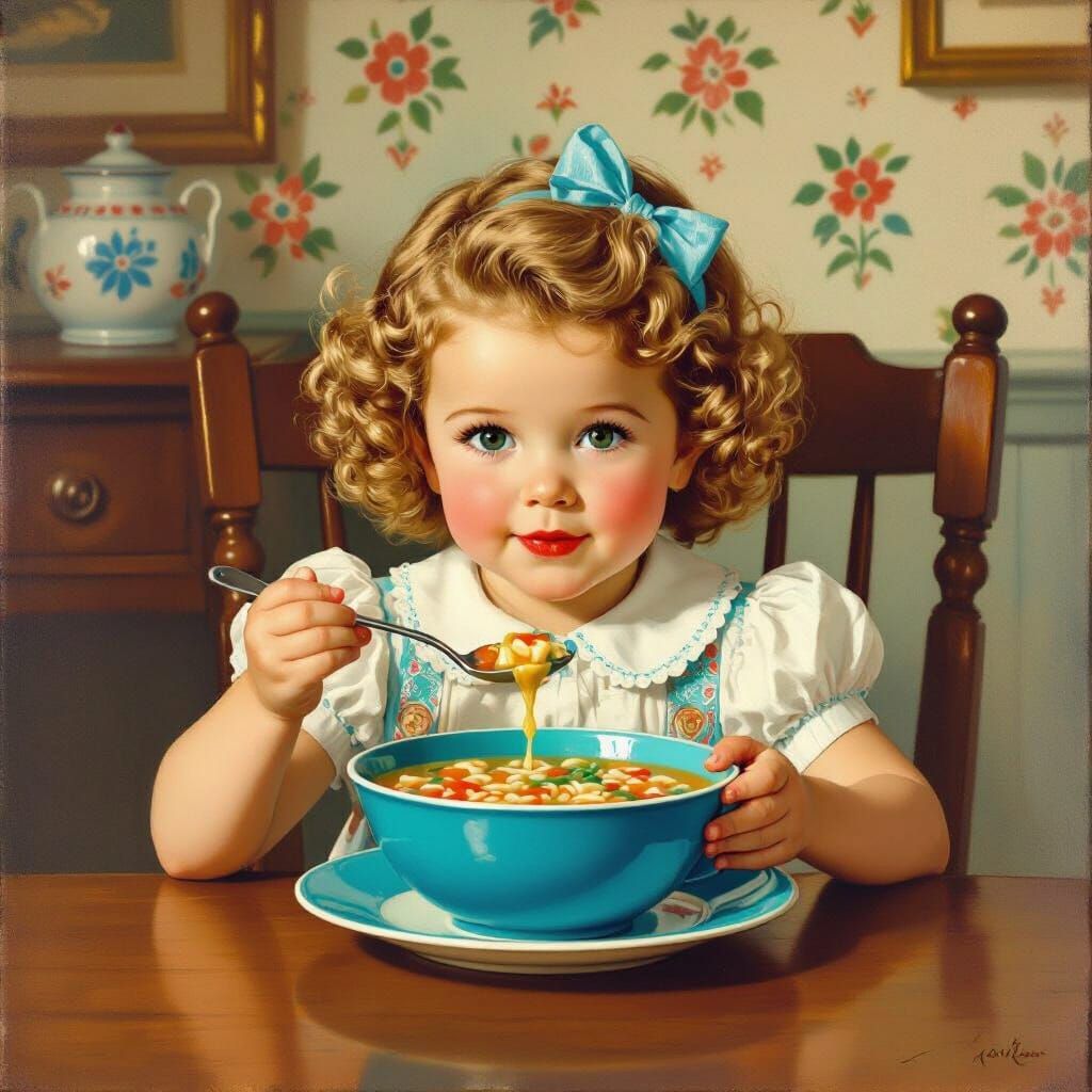 Shirley Temple eating alphabet soup