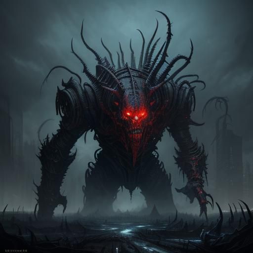 Colossal Eldritch Construct Attacks Ravaged Cityscape