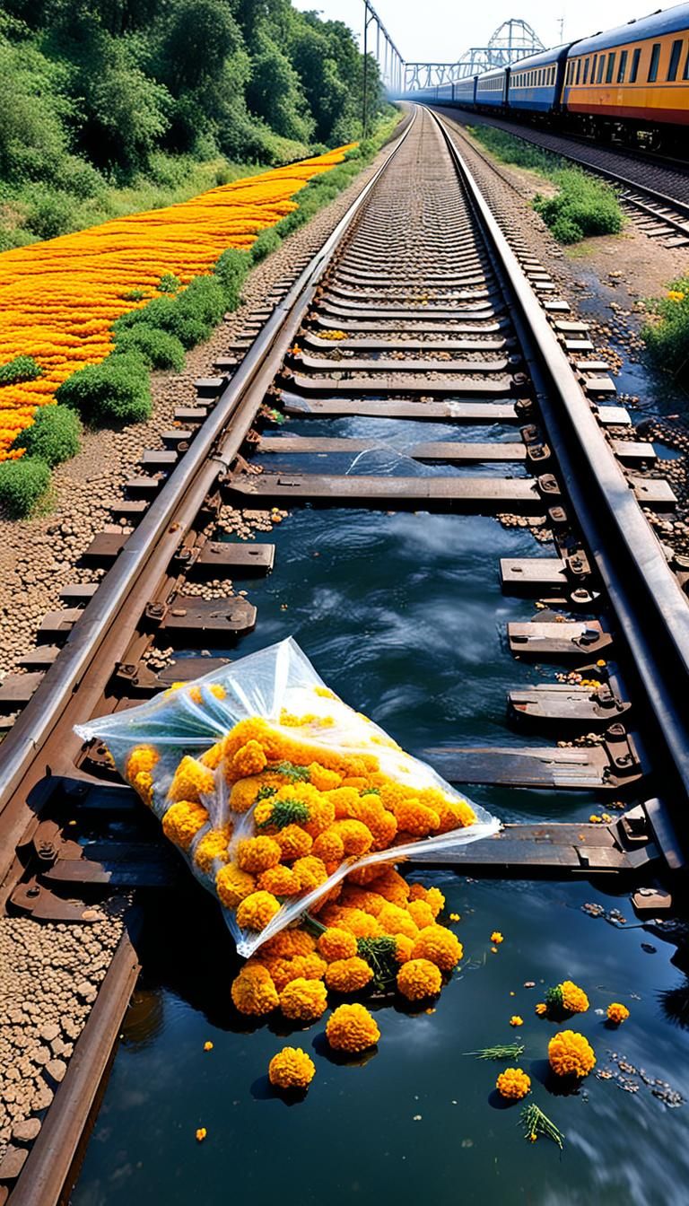 Marigolds Thrown From Train on River Bridge