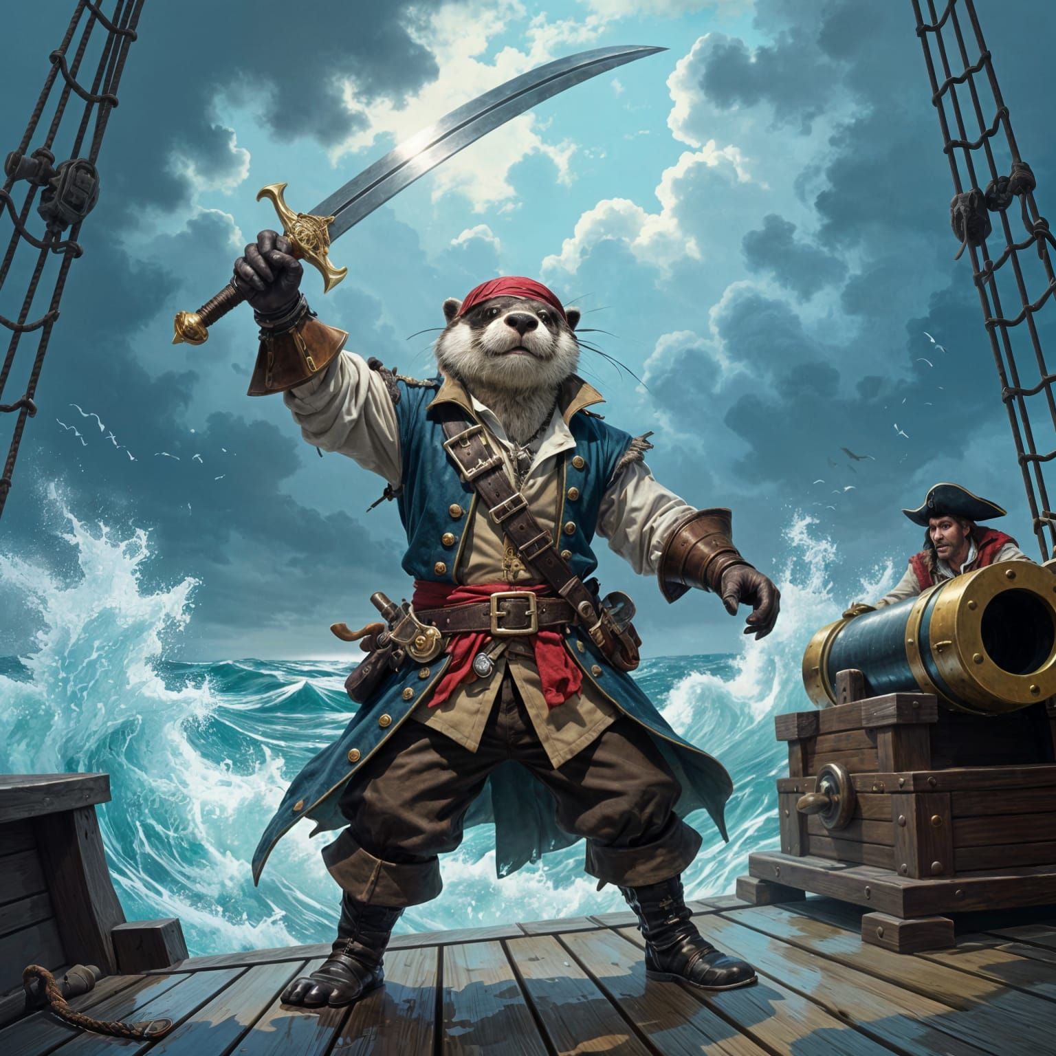Anthropomorphic Otter Pirate Ship in Stormy Seas