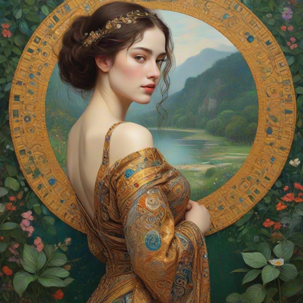 hyperdetailed Metaphysical Painting beautiful ethereal klimt woman stunning landscape masterpiece