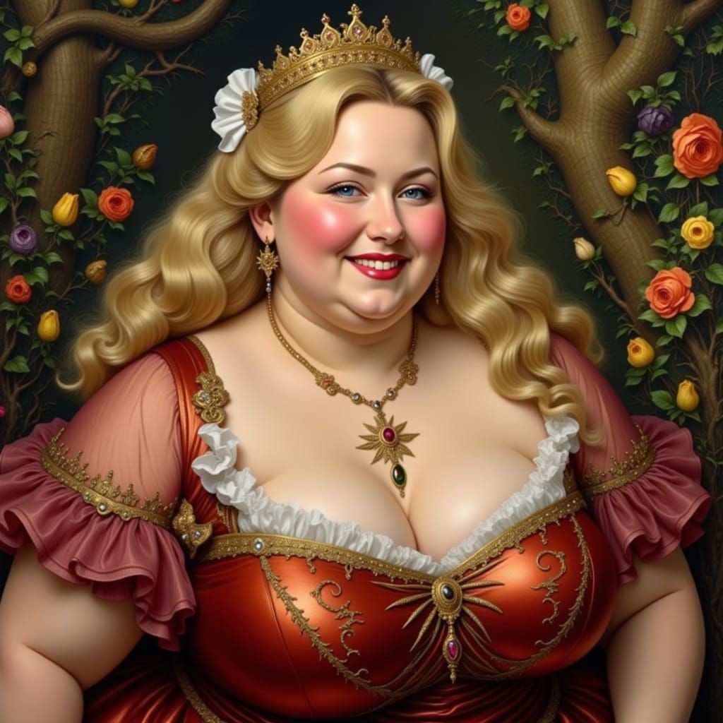 Plump plus sized blonde Princess brought to life in the mesmerizing painting style of Rubens' The Honeysuckle Bower. <lo...