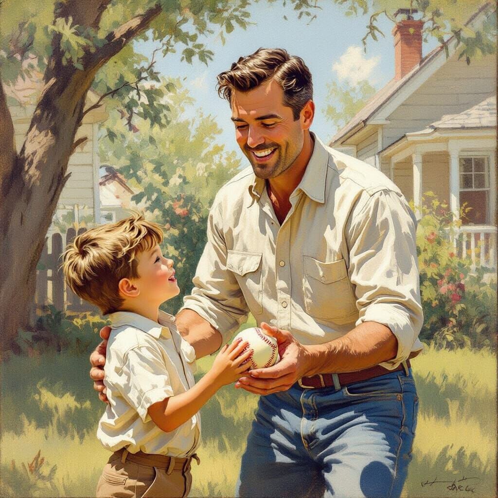 Father and Son Playing Catch, Rockwell Style