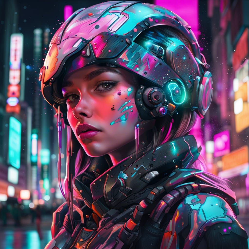 Cyborg Girl with Neon Armor in Graffiti Style