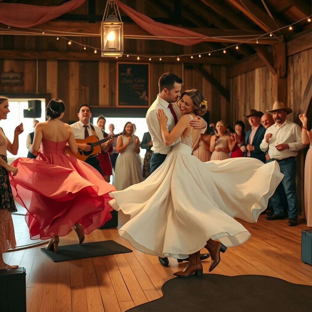 Country Couples Dancing in Rustic Barn, Whimsical Style