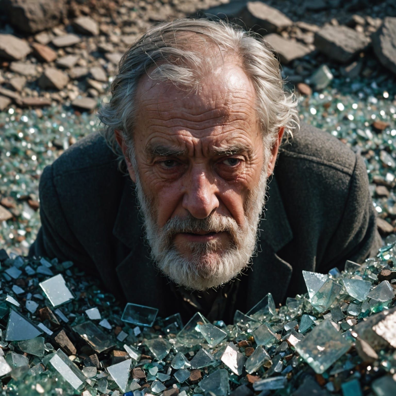 Shattered Glass Reflecting a Sad Old Man