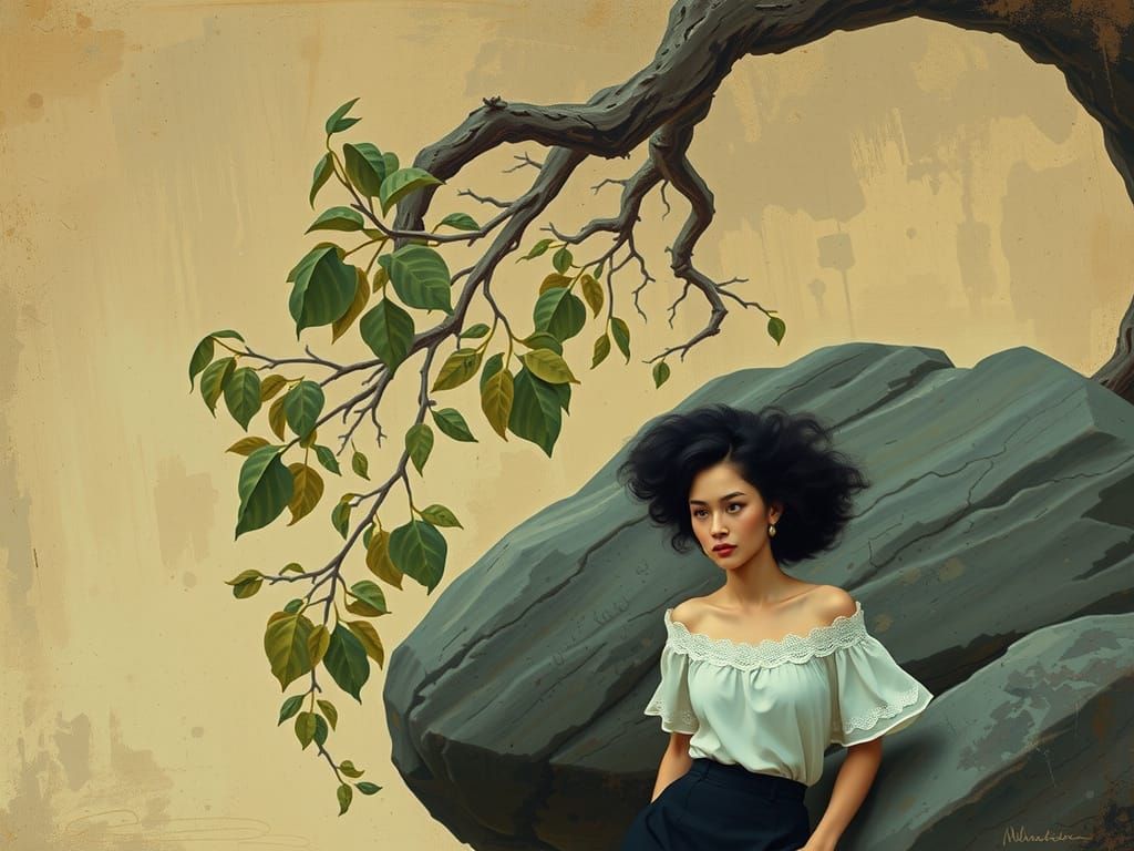 Woman by Rock Formation in Realistic Style