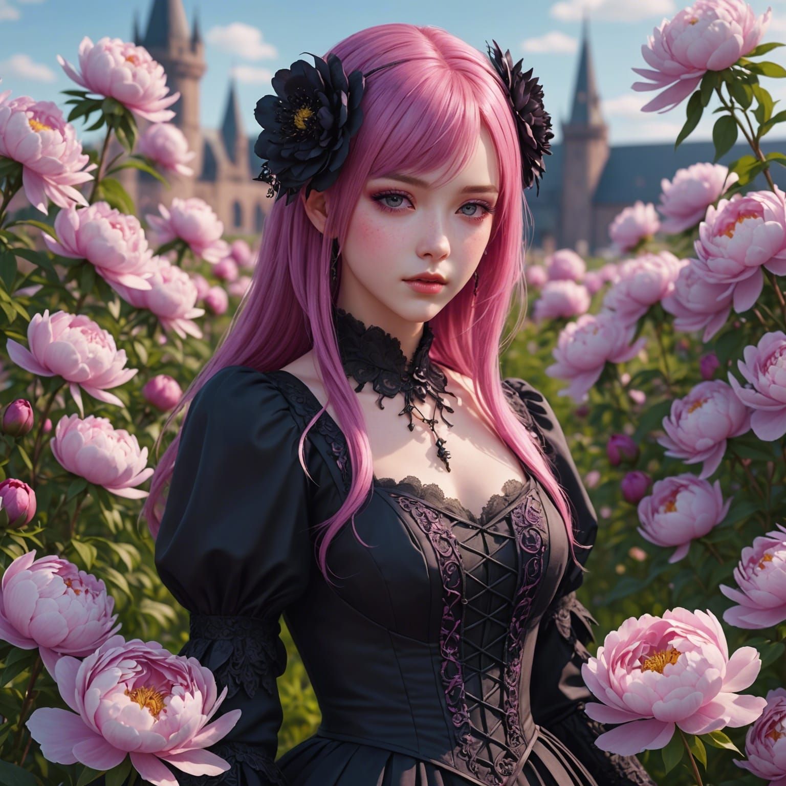 Pink Haired Woman in Peony Field, Anime Art