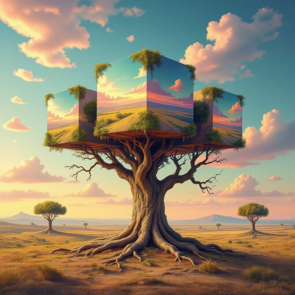 Surrealistic Forest with Cubist Trees and Gradient Sky