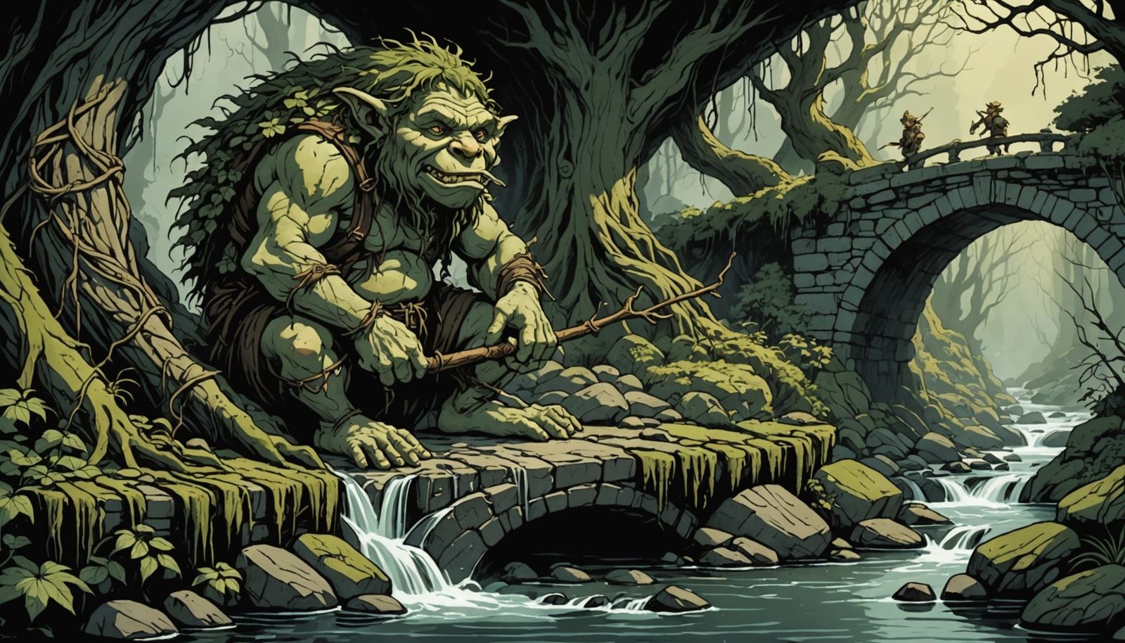 Moss Troll Fishing Under Stone Bridge in Dark Forest