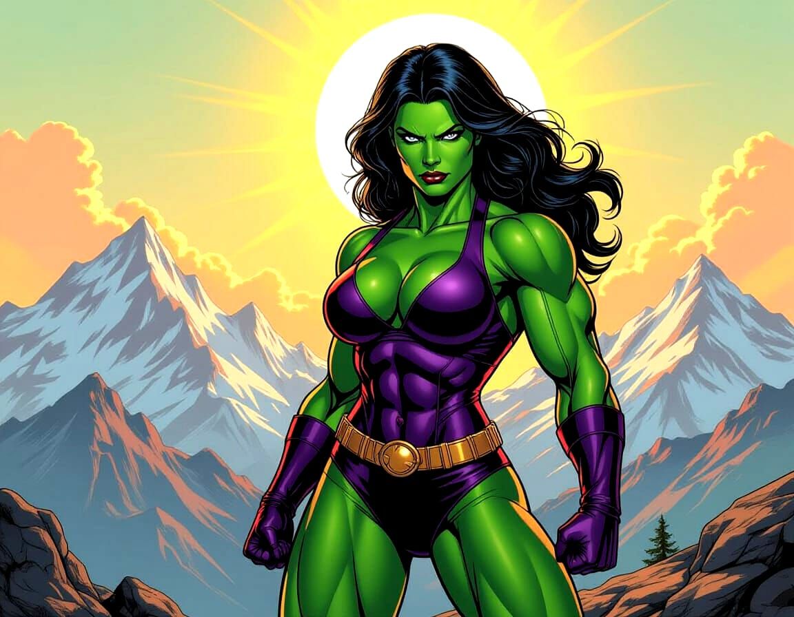 She-Hulk Superheroine Ready for Battle on Sunny Mountain