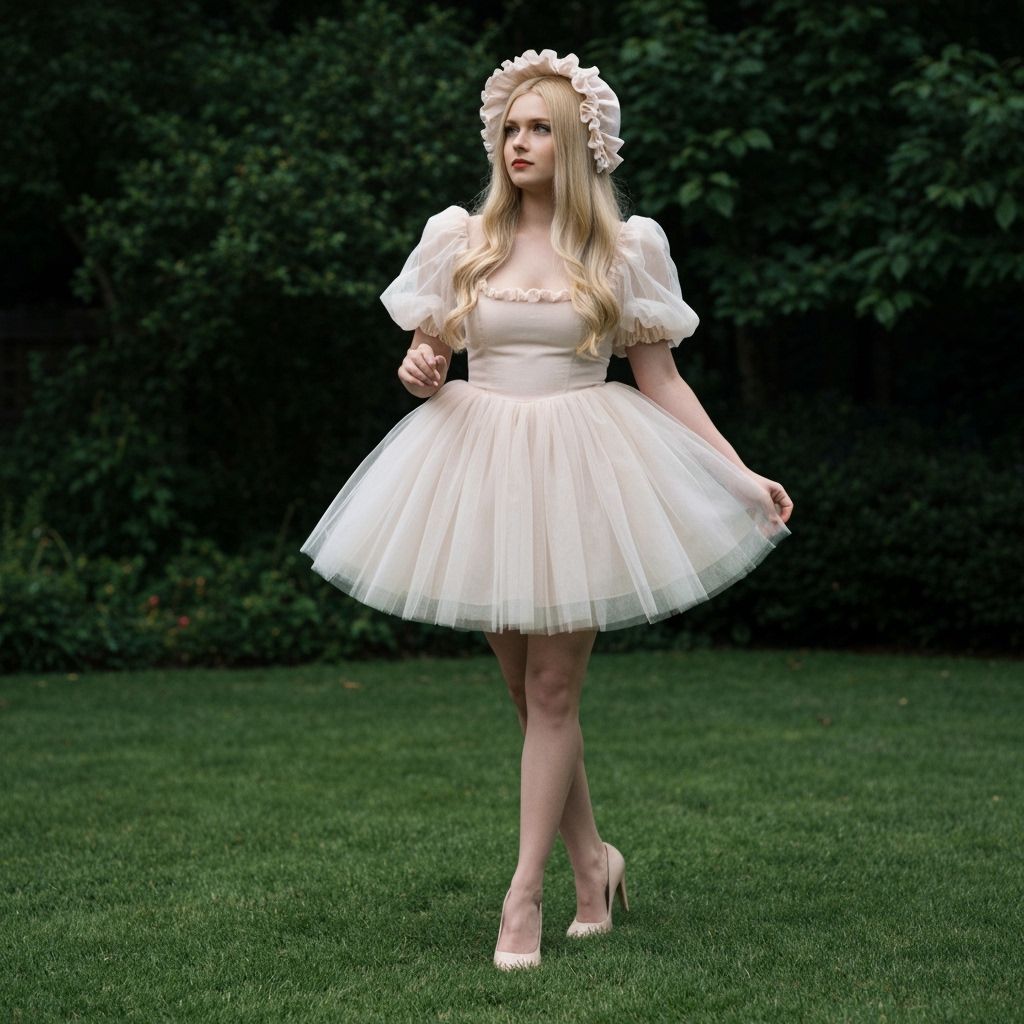 Young Man in Tulle Dress Battling Wind in Garden