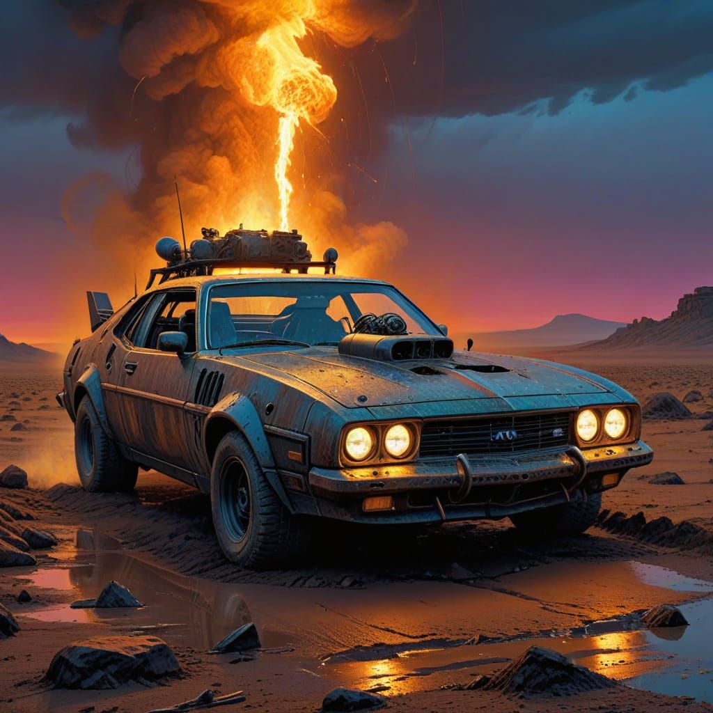 Epic Mad Max Vehicle in Vibrant Nighttime Scene