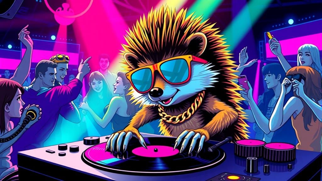 Cyberpunk Hedgehog DJ Spins in a Futuristic Disco