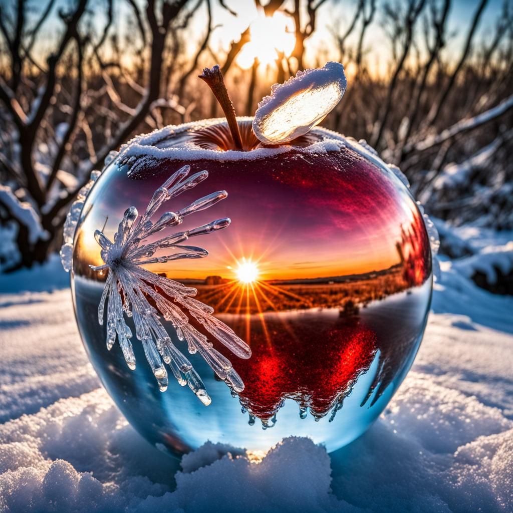 Apple Encased in Ice Crystals Falling From Sky