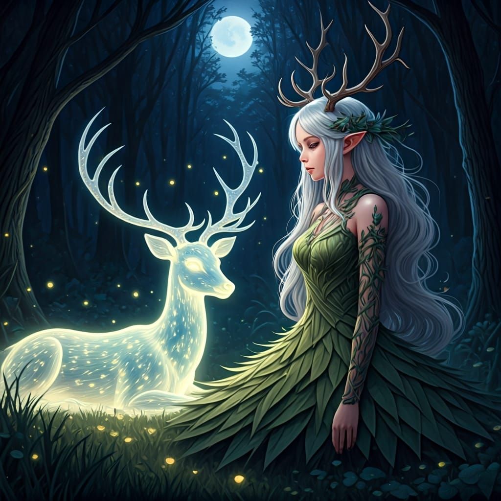 Girl with Deer Spirit in Moonlit Forest, Anime Style
