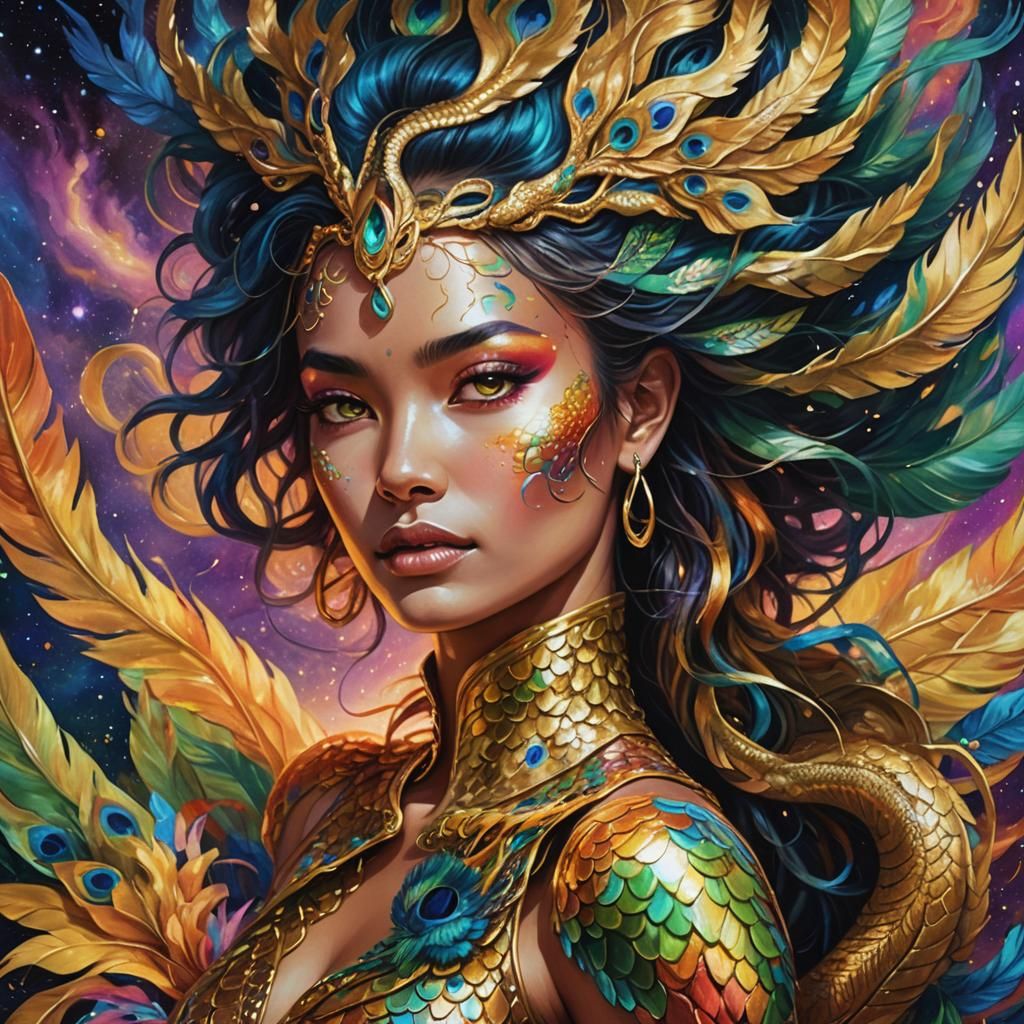 Rainbow Dragon Woman with Peacock Feathers in Astral Cloud