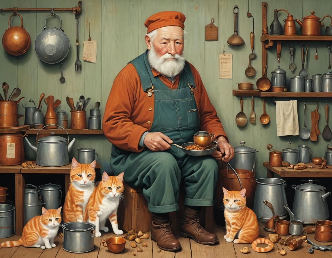 Kettle Repairman and Ginger Cat Illustration