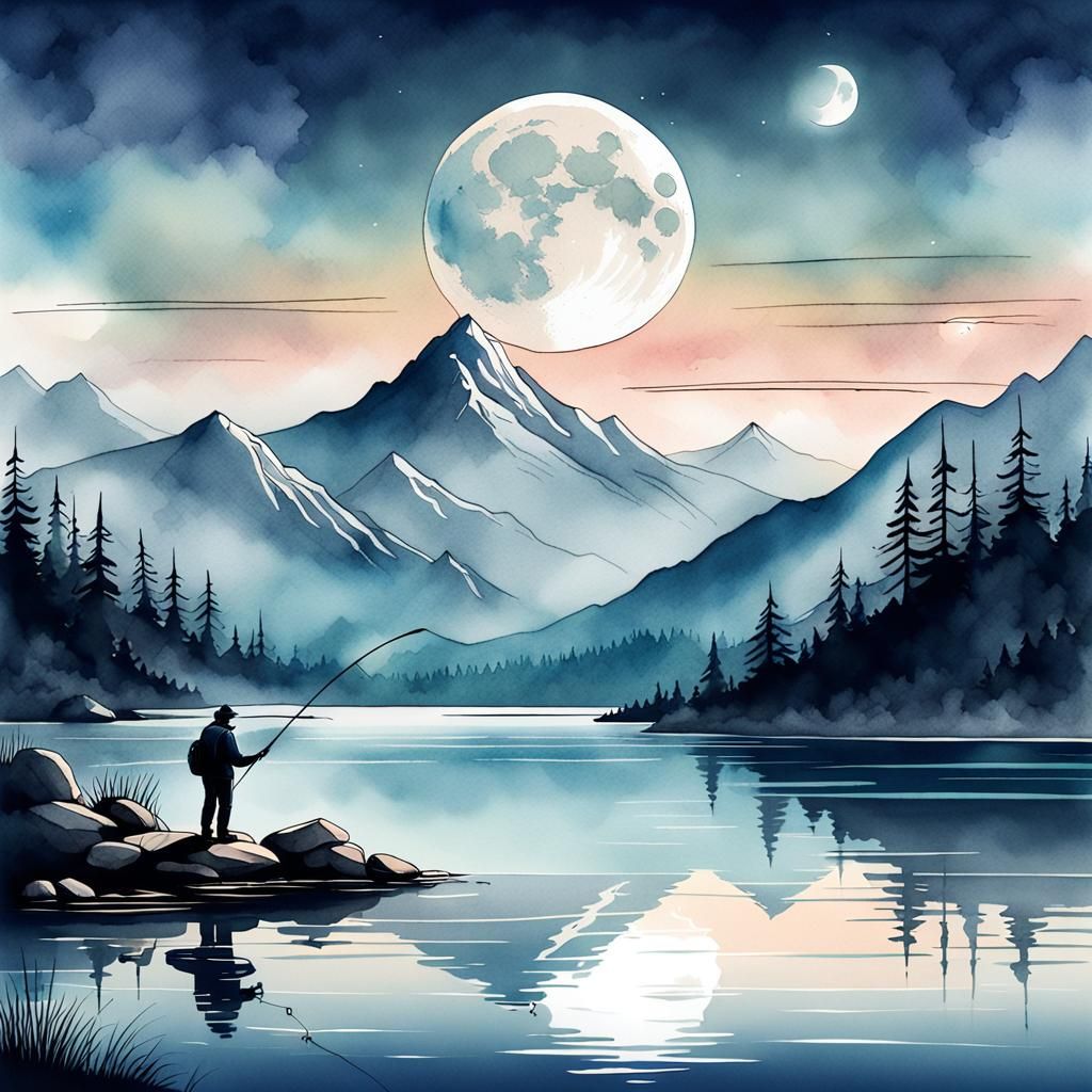 Serene Mountain Lake Scene in Soft Watercolor Style