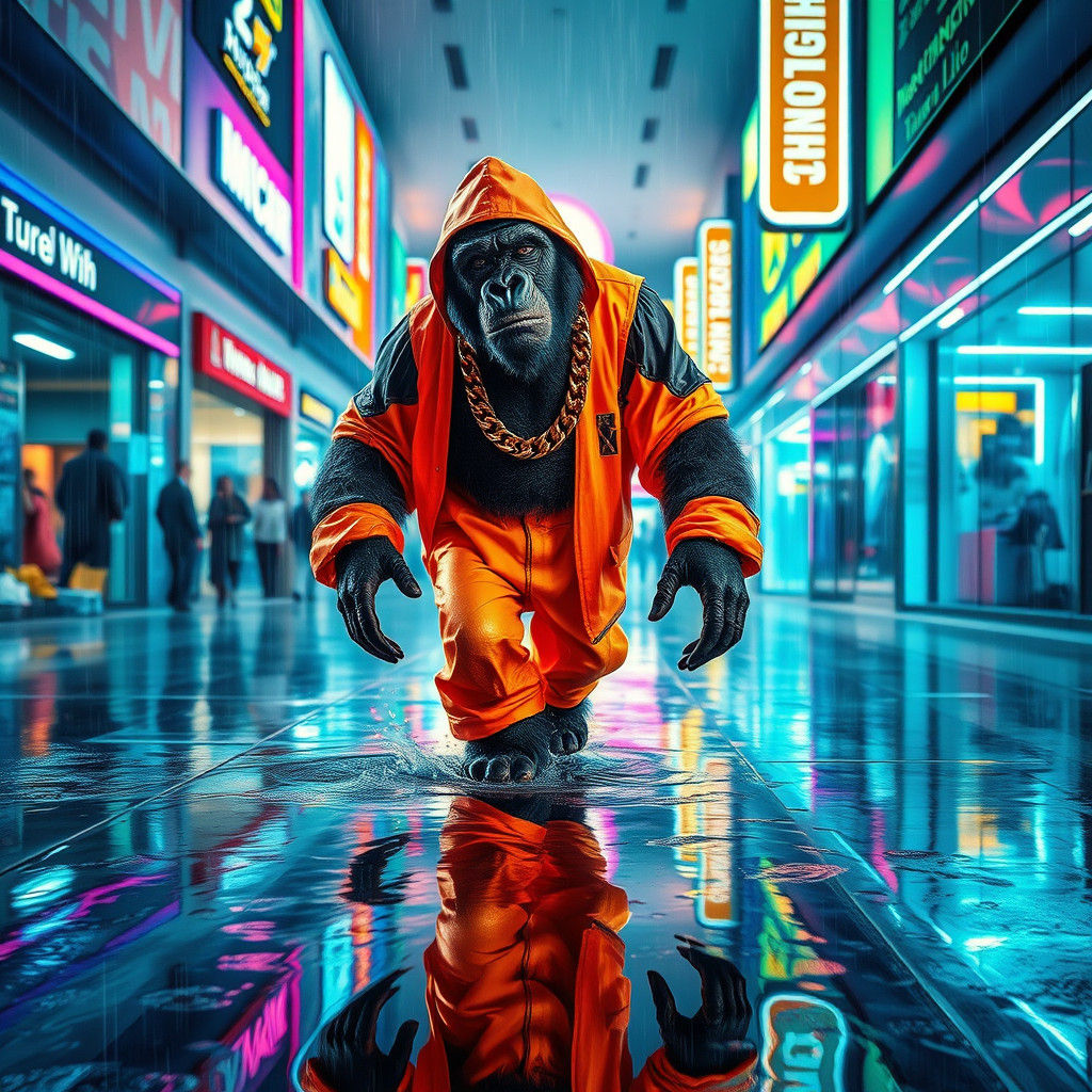 Futuristic Gorilla Dances in Neon Rain, Cyberpunk Style