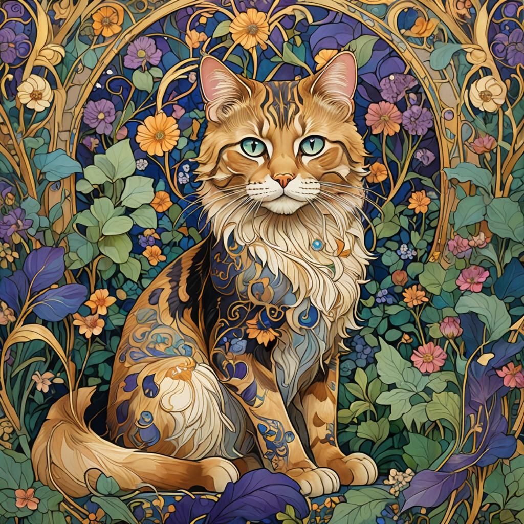 Regal Cat in Art Nouveau Garden