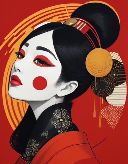 Geometric Geisha Portrait in Op Art Style