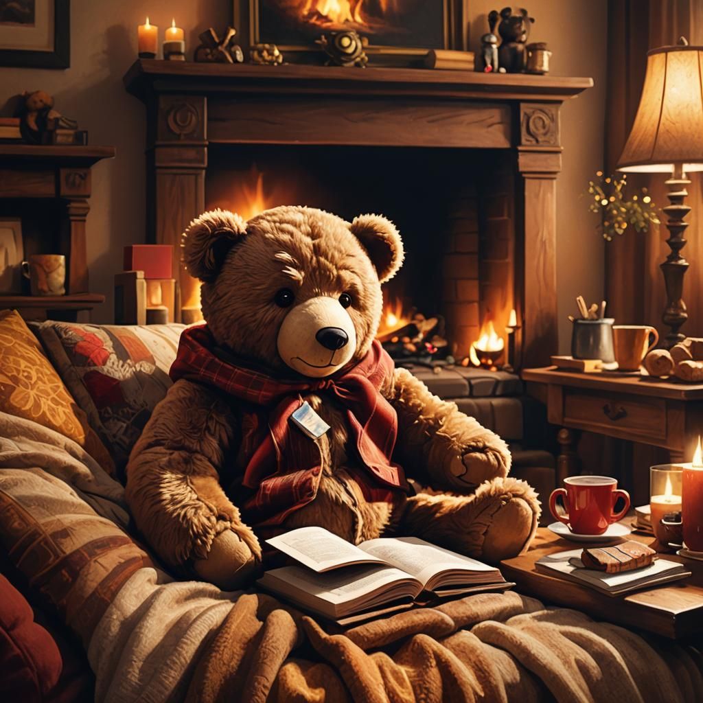 Teddy Bear Reading in Bed: Hyper-Realistic Concept Art