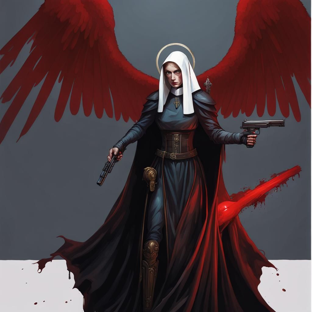 Sinister Nun in Dark Church with Angel