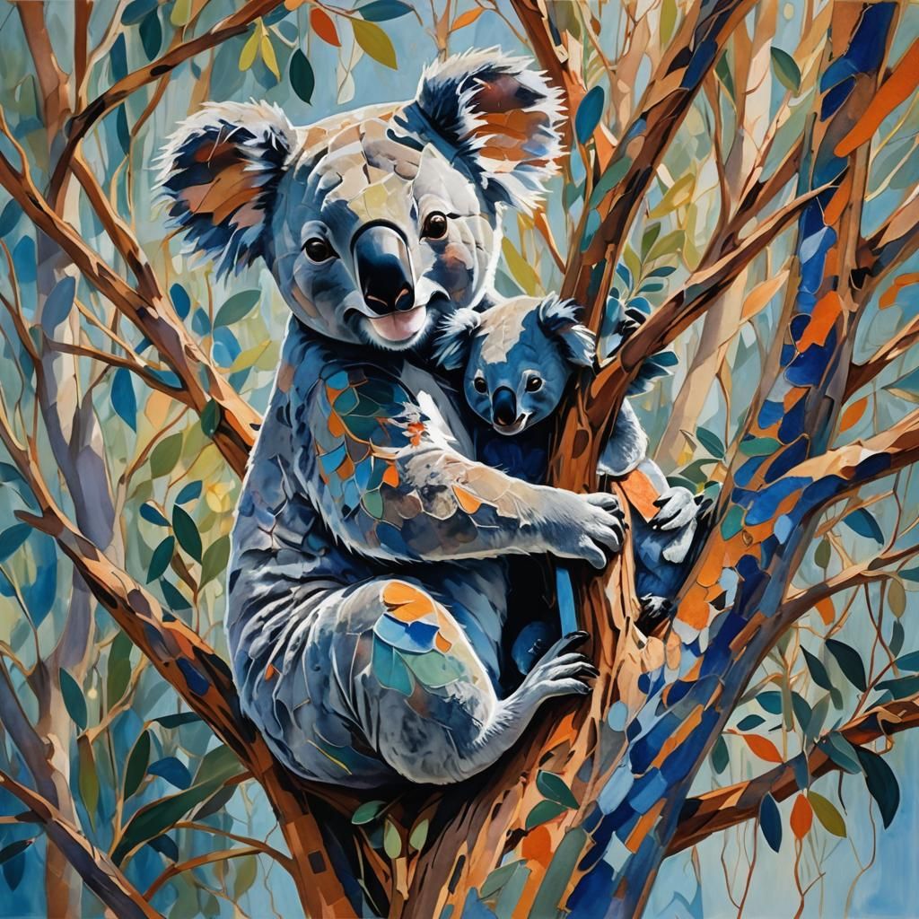 Koala Family in Eucalyptus, Abstract Expressionist Style