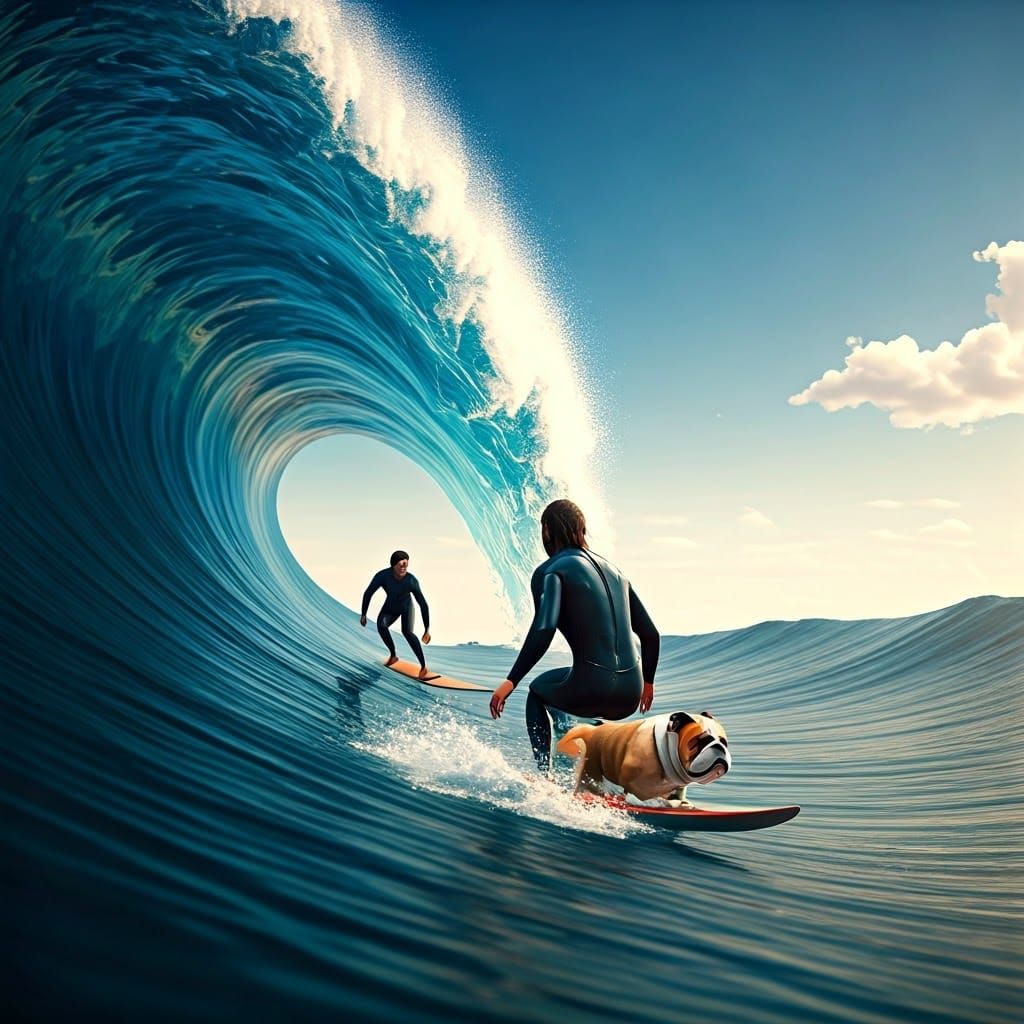 Surfer and Bulldog Ride Giant Waves in Vibrant 8K Art