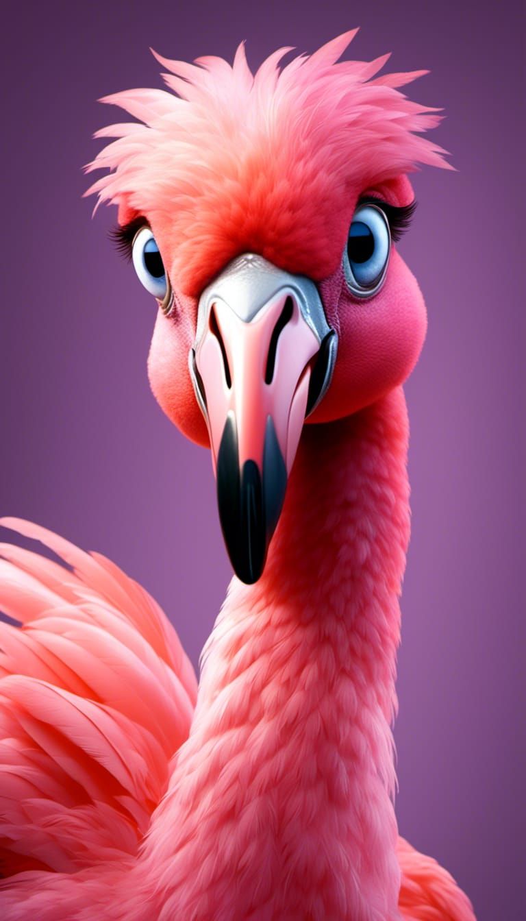 Wide-Eyed Flamingo in Cartoon Realism Style