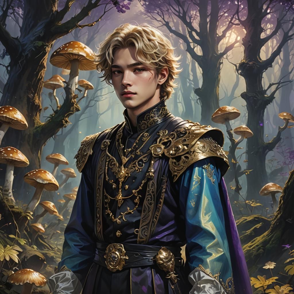 Fantasy Prince in Misty Forest, Oil Painting Style