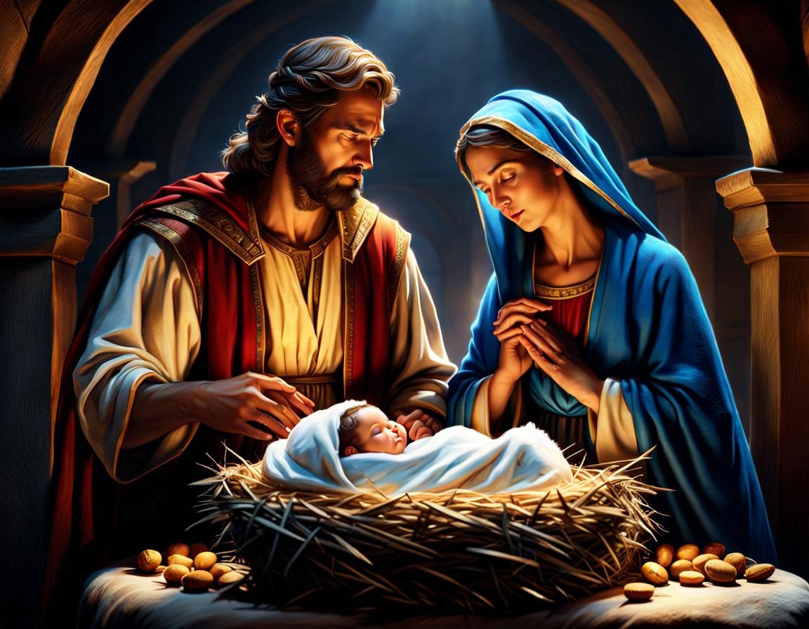 Joseph and Mary With Newborn Jesus: Digital Art