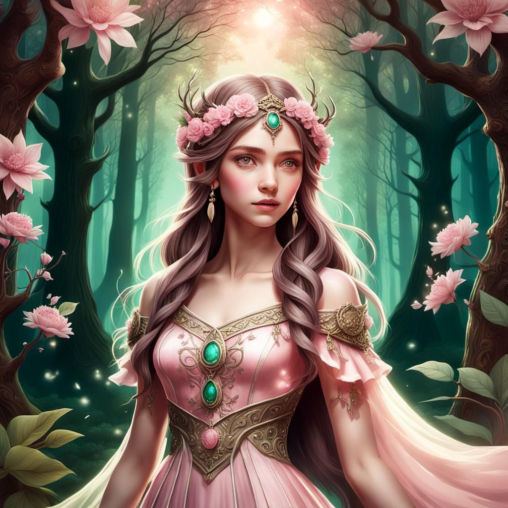 Girl in Pink Dress in Magical Forest