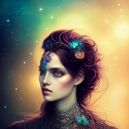 Jeweled Brunette in Space: Hyper-Detailed Digital Art