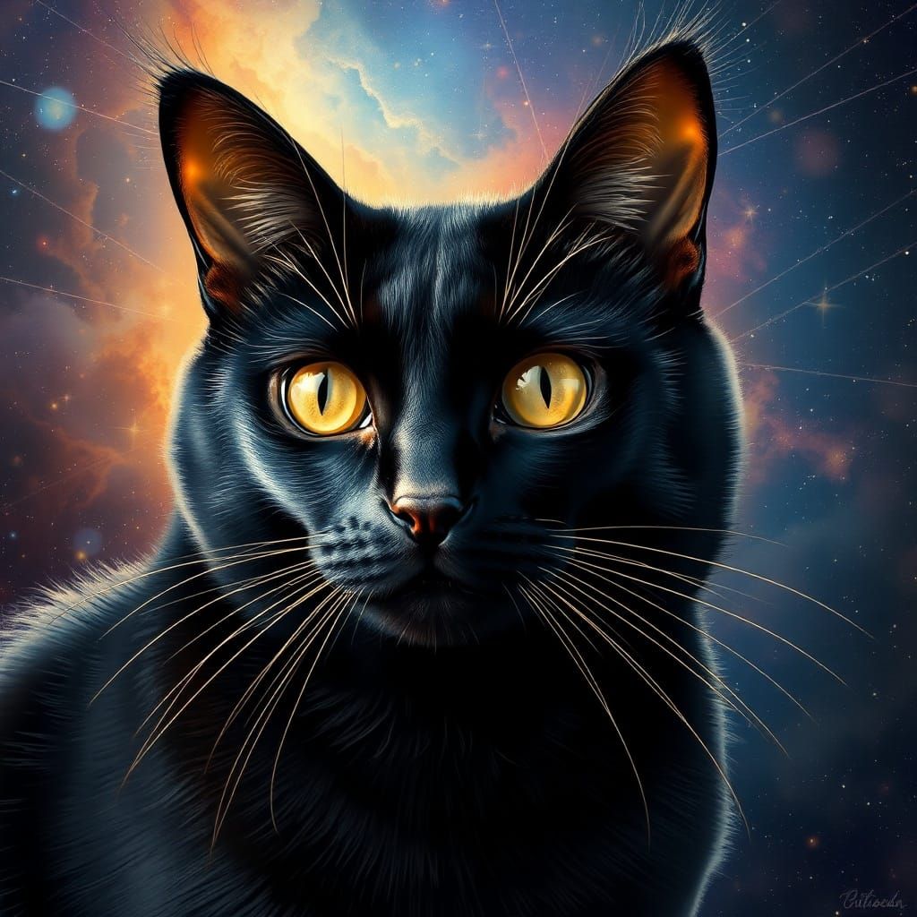 Majestic Black Cat with Stardust Fur in Dreamlike Surreal St...