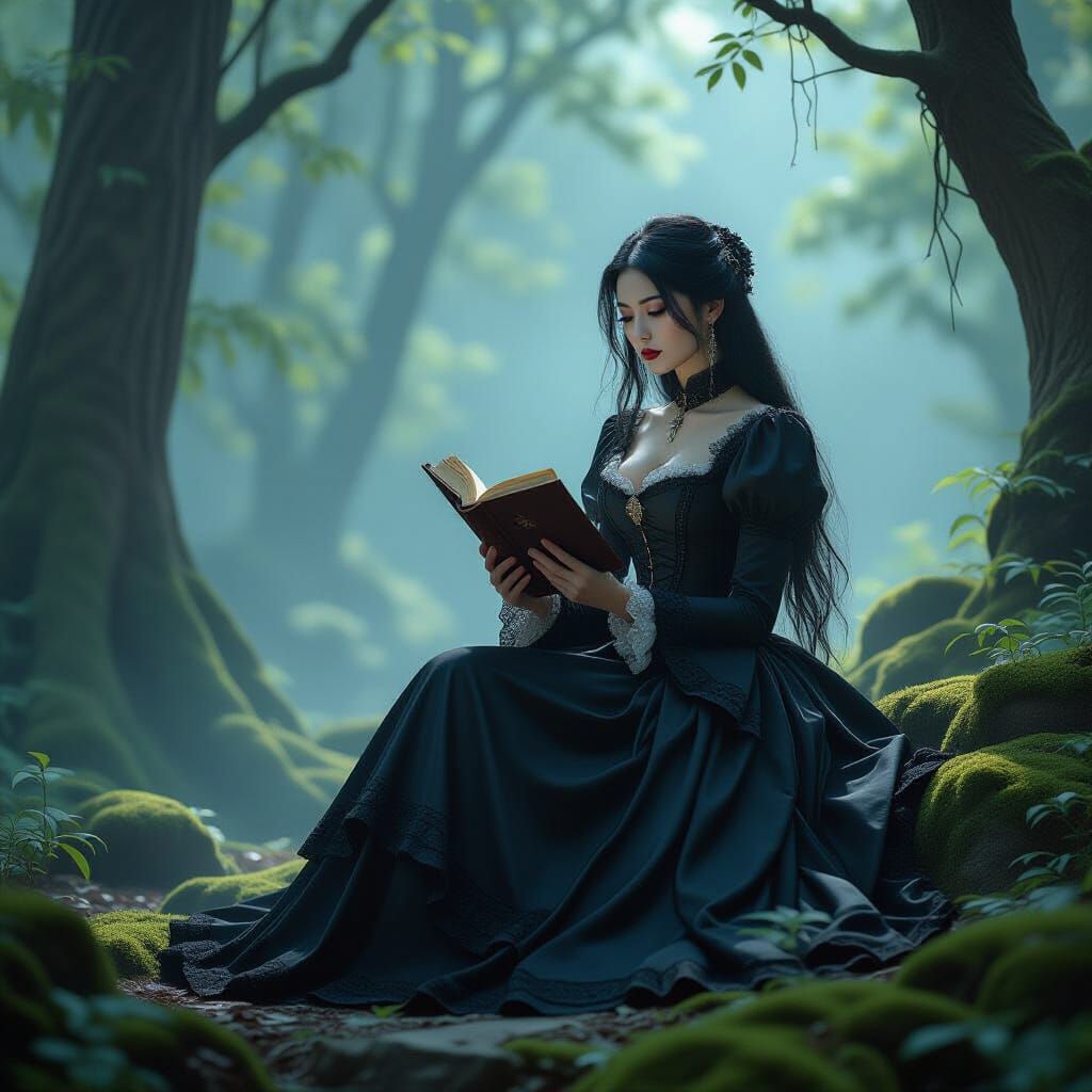 Gothic Woman Reading in Misty Forest Glade