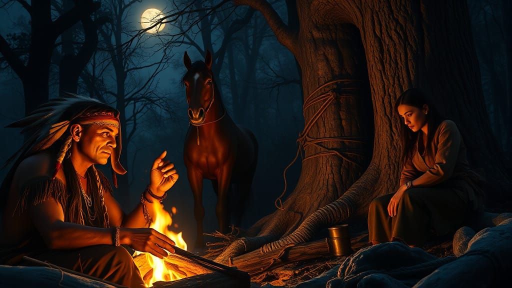 Native American Warrior by Campfire in Moody Forest Landscap...