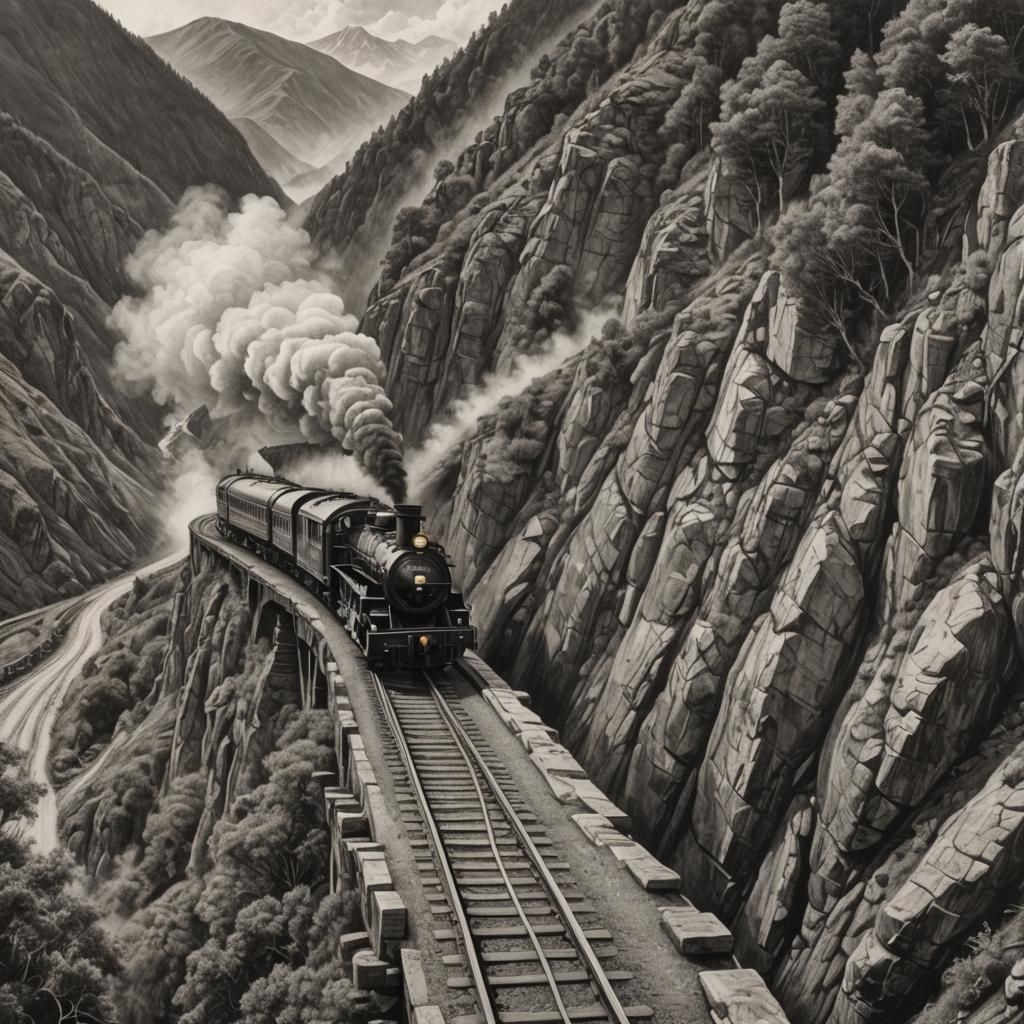 Steam Train Climbs Mountain: Charcoal Drawing