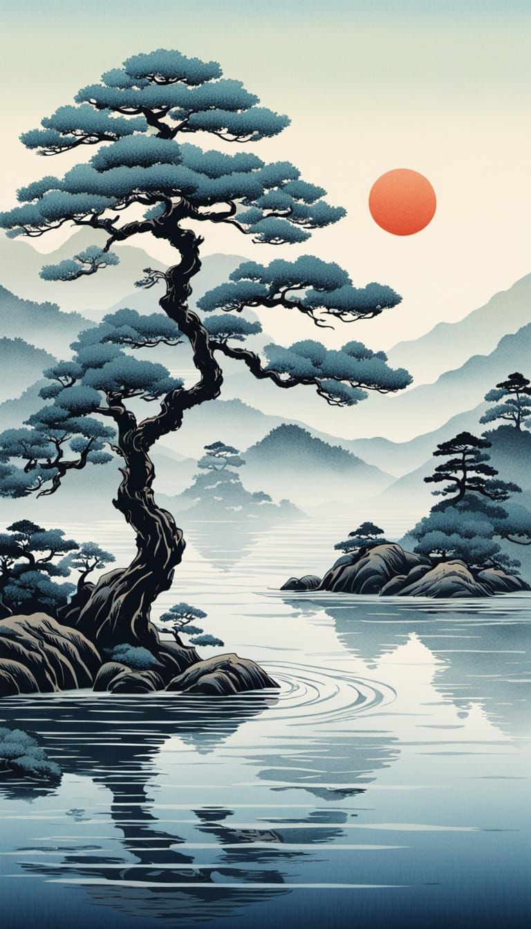 Tree in Water: Japanese Woodblock Print