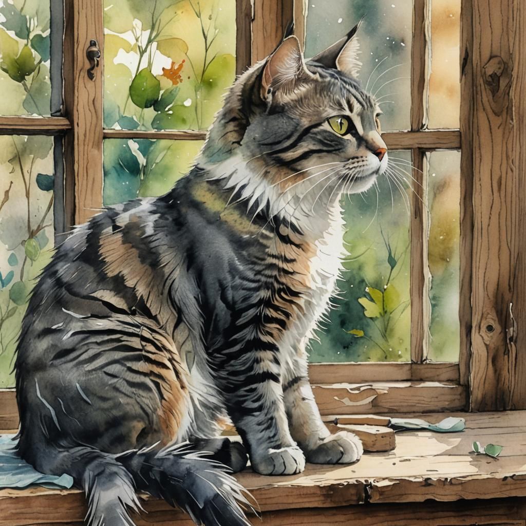 Curious Cat Watching Bird, Watercolor and Charcoal Style