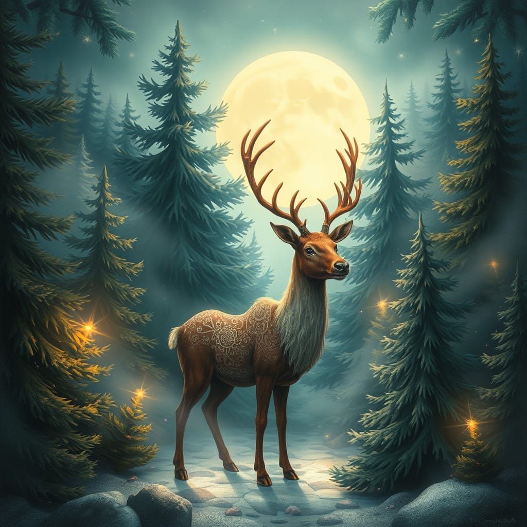 Whimsical Reindeer in an Ethereal Forest