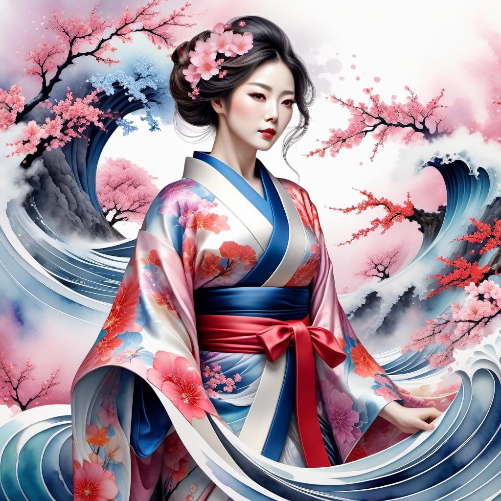 Kimono Beauty in Sakura Garden: Watercolor Art