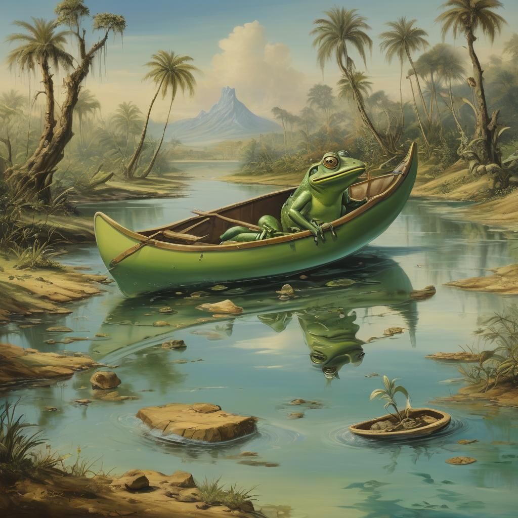 Frog-Shaped Canoe Paddles Through Surrealist Tropical River