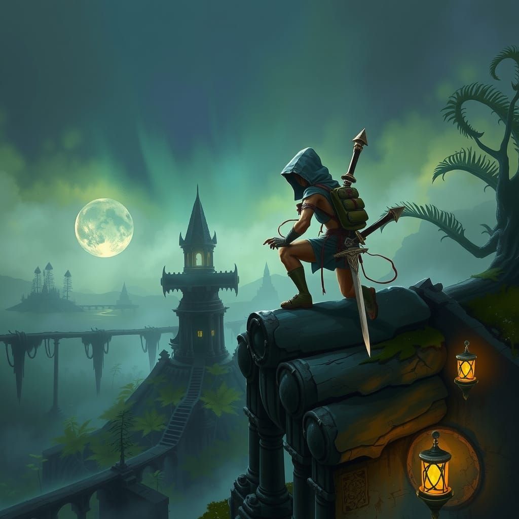 Mystical Jungle Assassin in Cyberpunk Dark Fantasy Style