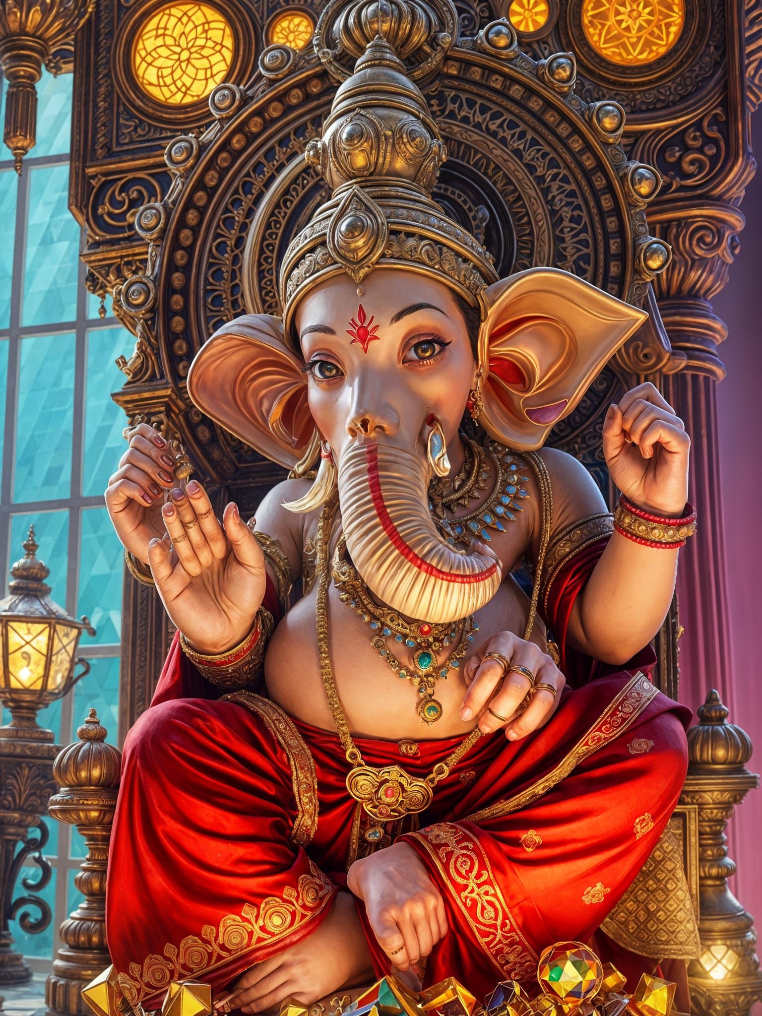 Young Ganesha on Jeweled Throne in Cubist Style