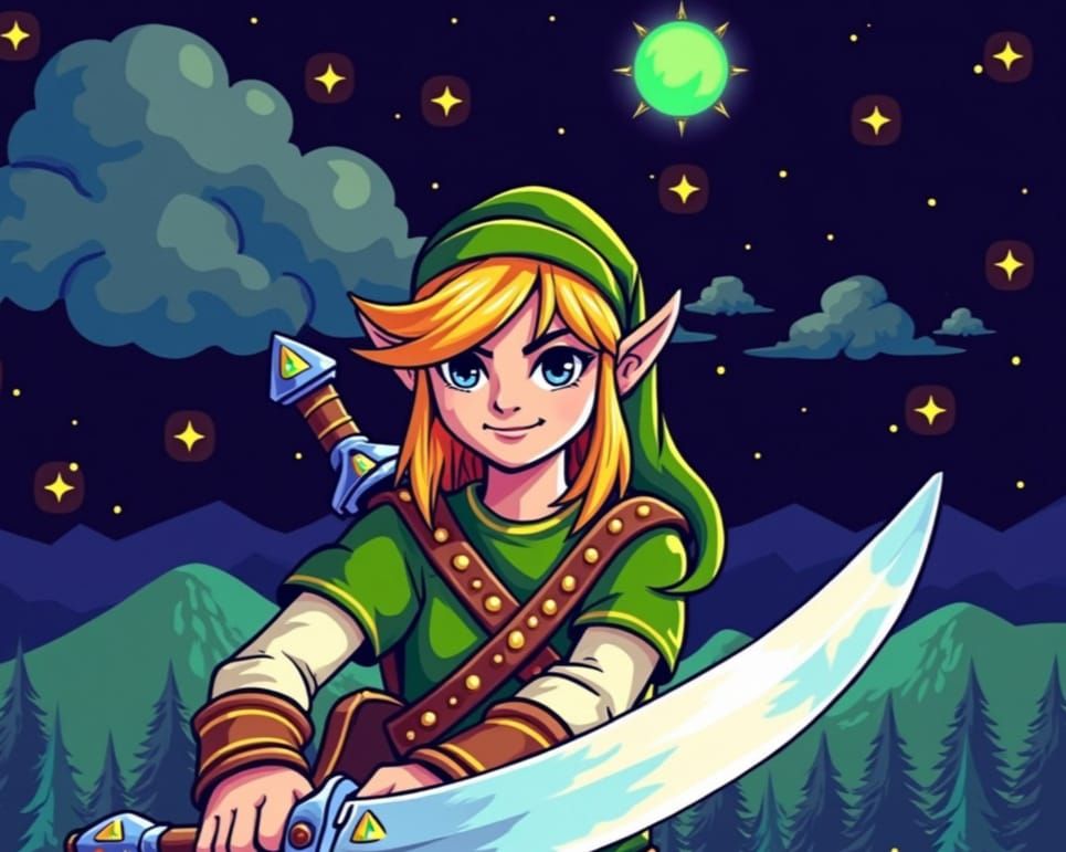 Classic Zelda Hero in 8-bit Pixel Art Style