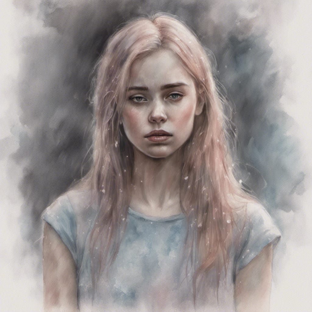 Sad Girl Portrait in Pastel Watercolor