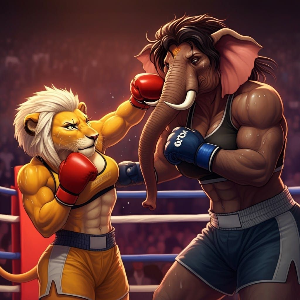 Cartoon Boxing Match Between Lioness and Elephant