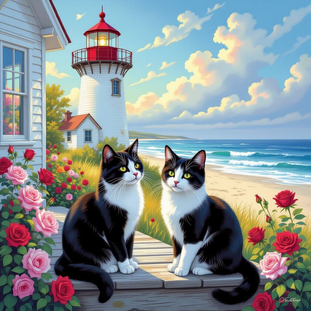 Cats on Lighthouse Porch with Roses